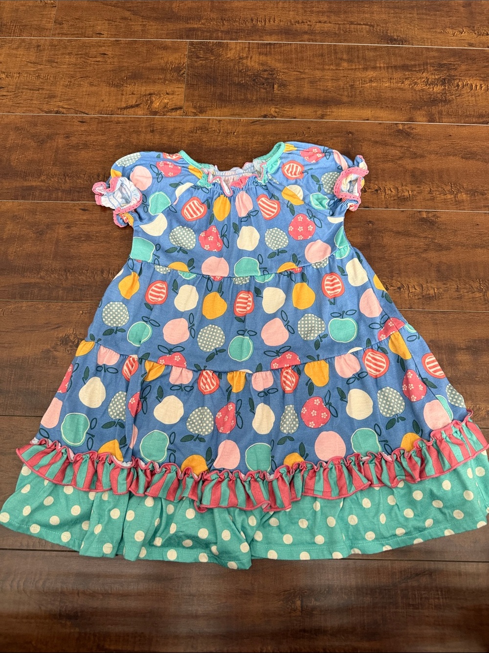 Matilda Jane Blue Fruit Print Ruffle Nightgown with Mint Polka Dot Hem